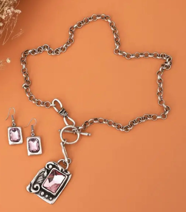 Rectengular Crystal Stone Chain Necklace & Earrings Set