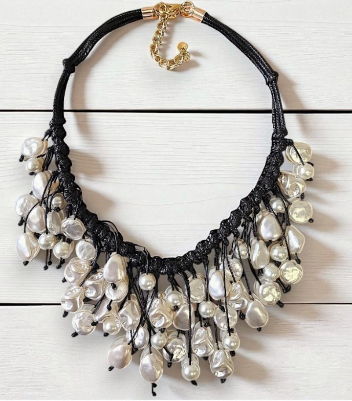 Modern Pearl Bib Necklace | Leather Cord | Coastal Fall Boho