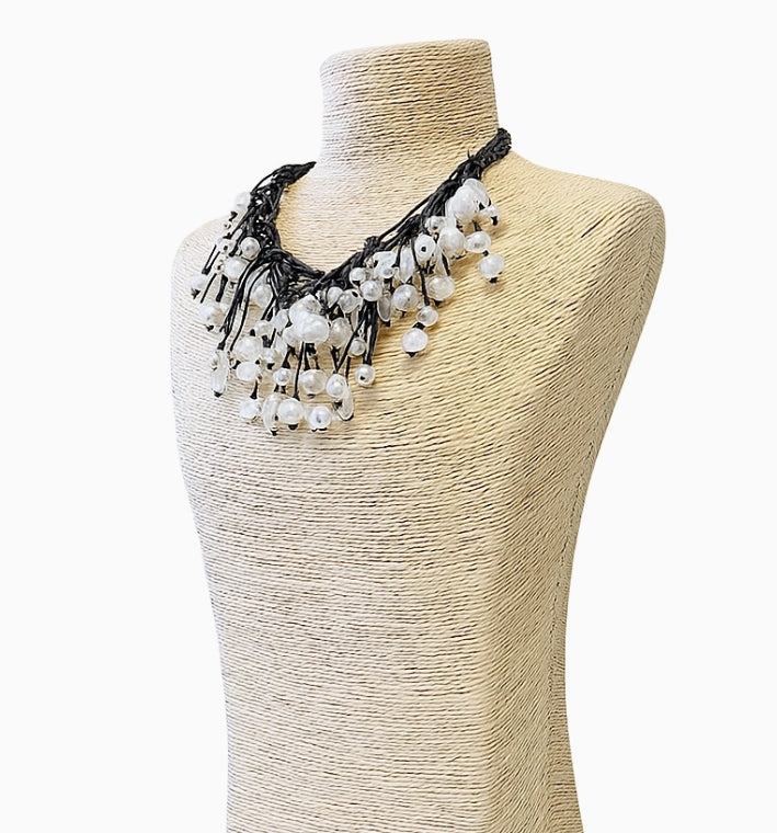 Modern Pearl Bib Necklace | Leather Cord | Coastal Fall Boho