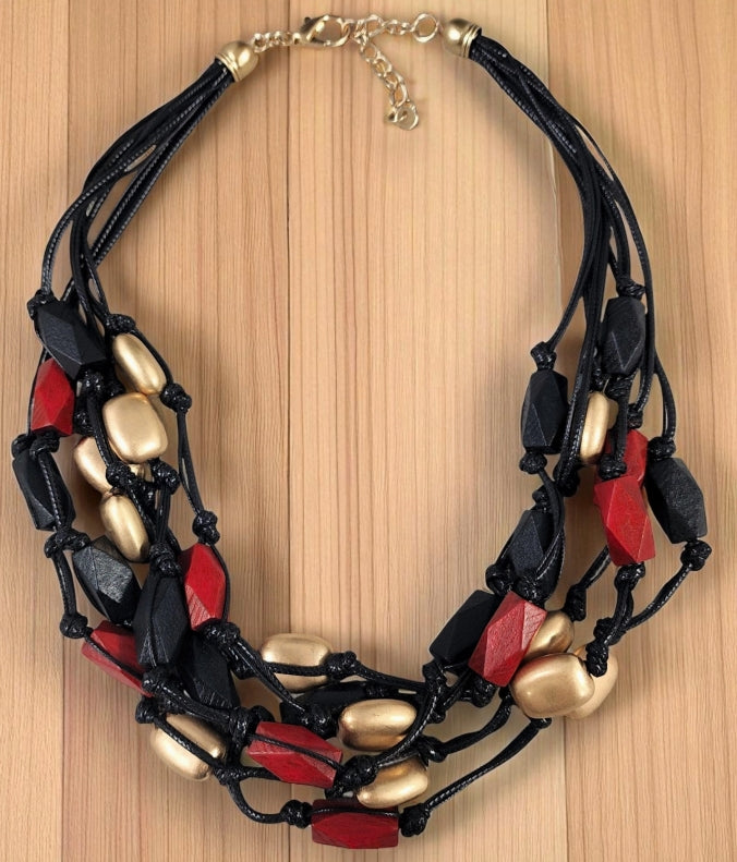 Short Layered Bead Necklace | Black Leather | Boho | Wood