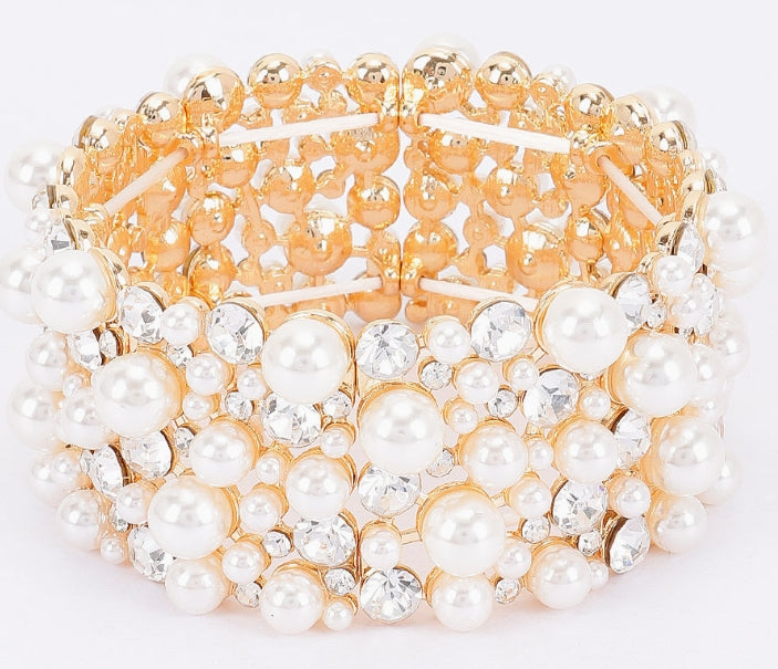 Faux Pearl Rhinestone Stretch Bracelet