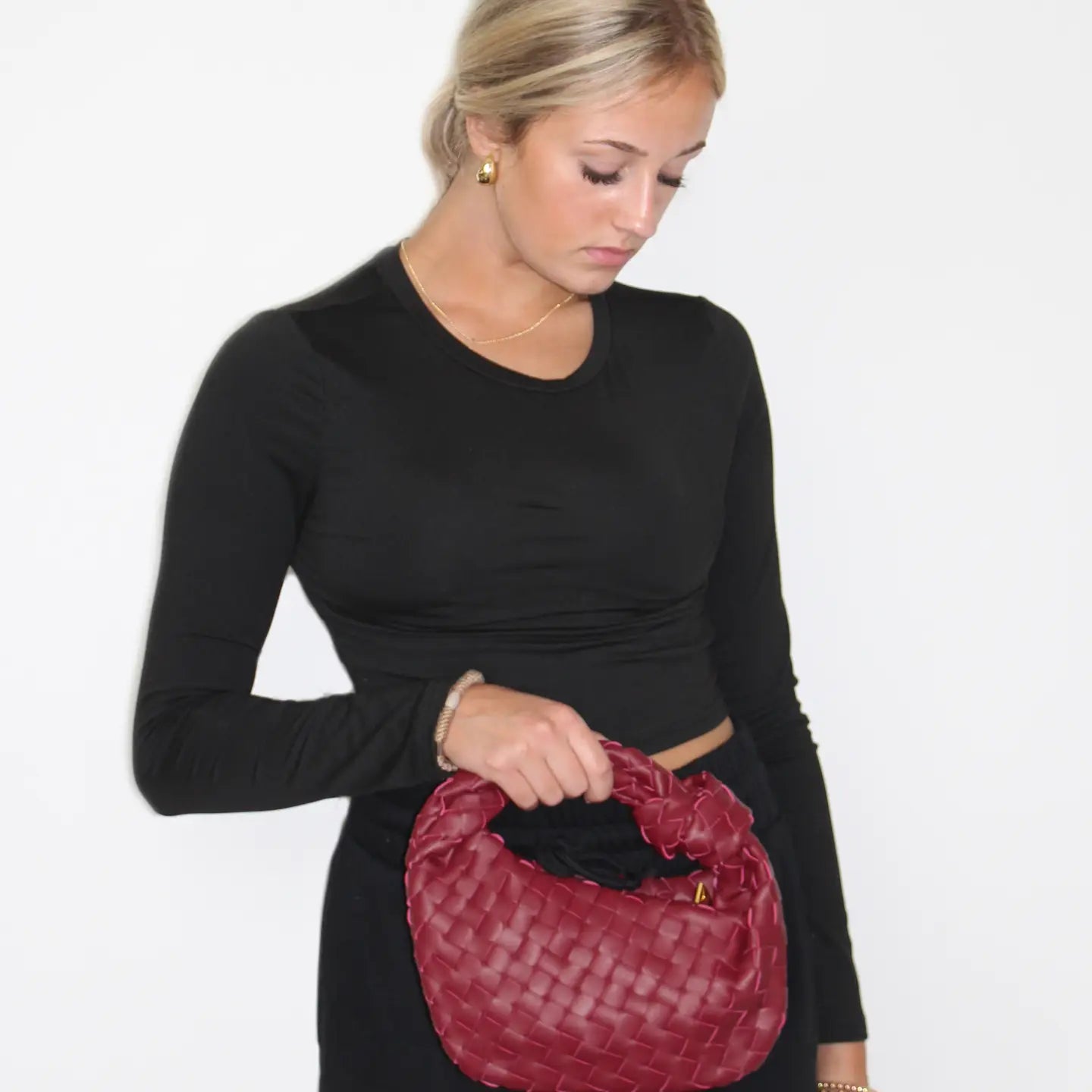 Ava Woven Knotted Handbag Burgundy