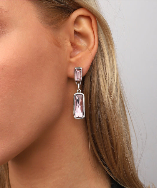 Silver Plated Zinc Pink Crystal Glass Stone Earrings