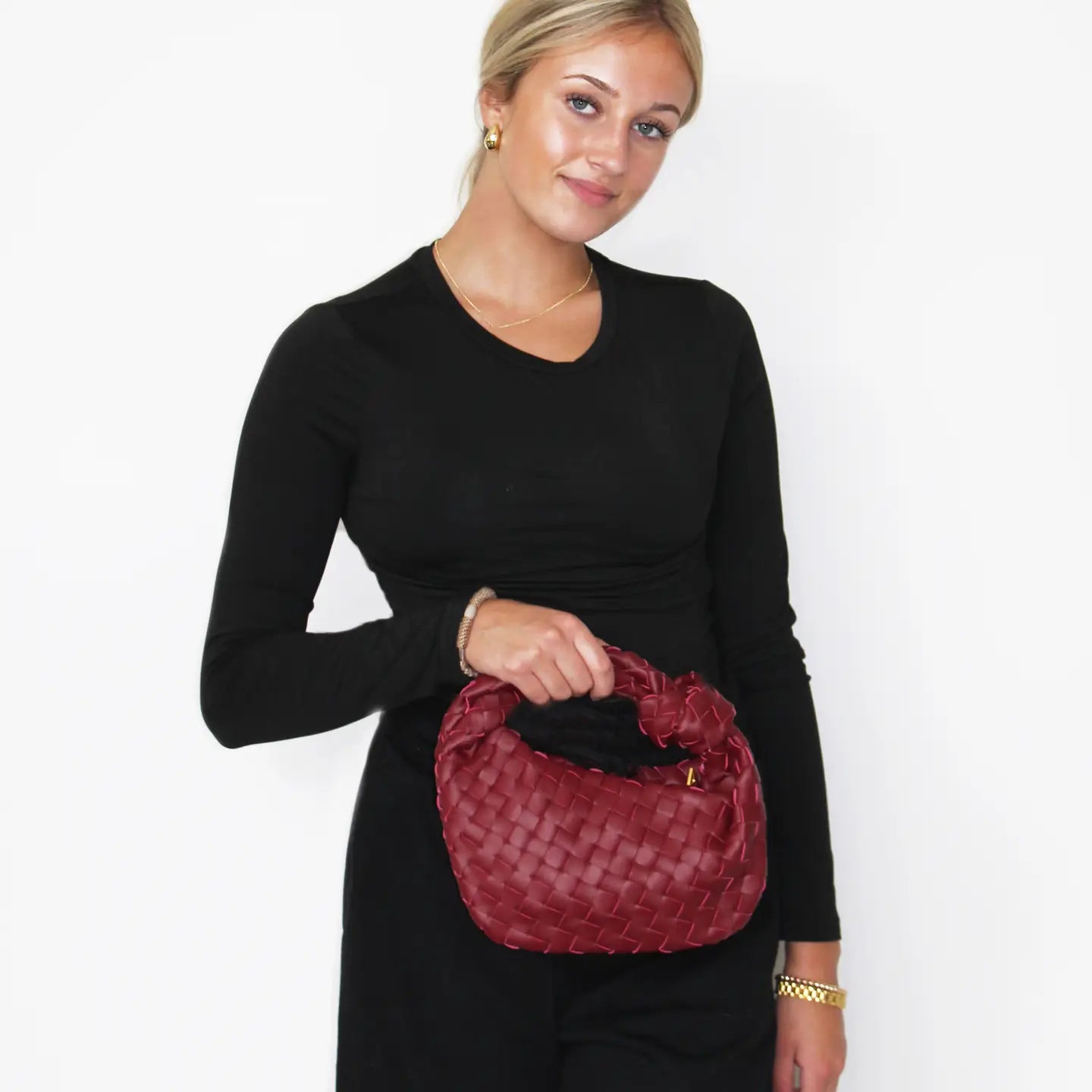 Ava Woven Knotted Handbag Burgundy