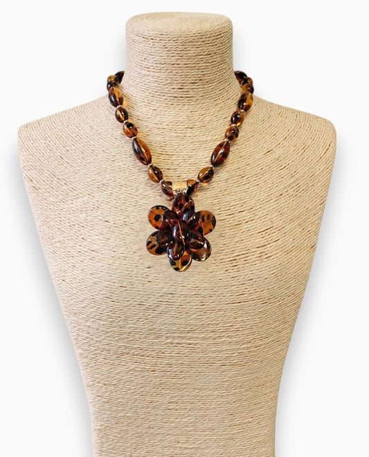 Chunky Tortoise Shell Bead Flower Statement Necklace | Boho
