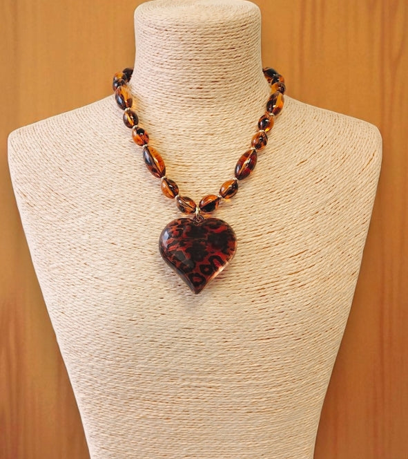 Beaded Tortoise Shell Heart Necklace | Statement Jewelry