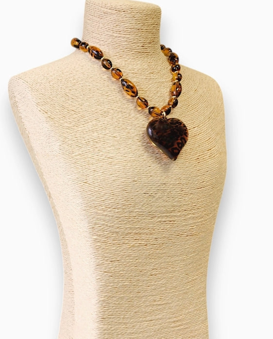 Beaded Tortoise Shell Heart Necklace | Statement Jewelry