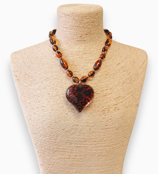 Beaded Tortoise Shell Heart Necklace | Statement Jewelry