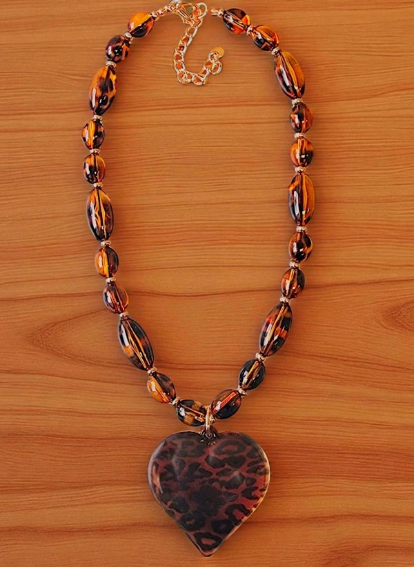 Beaded Tortoise Shell Heart Necklace | Statement Jewelry