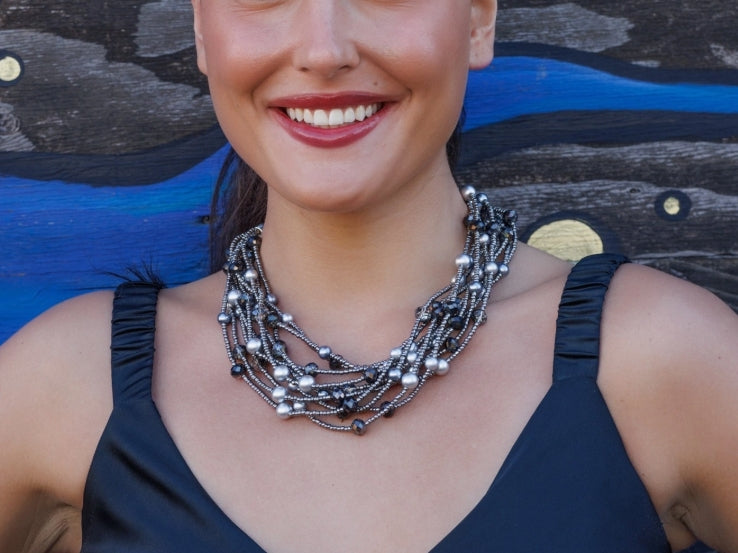 Chunky Multi Strand Beaded Pearl Collar | Statement Necklace