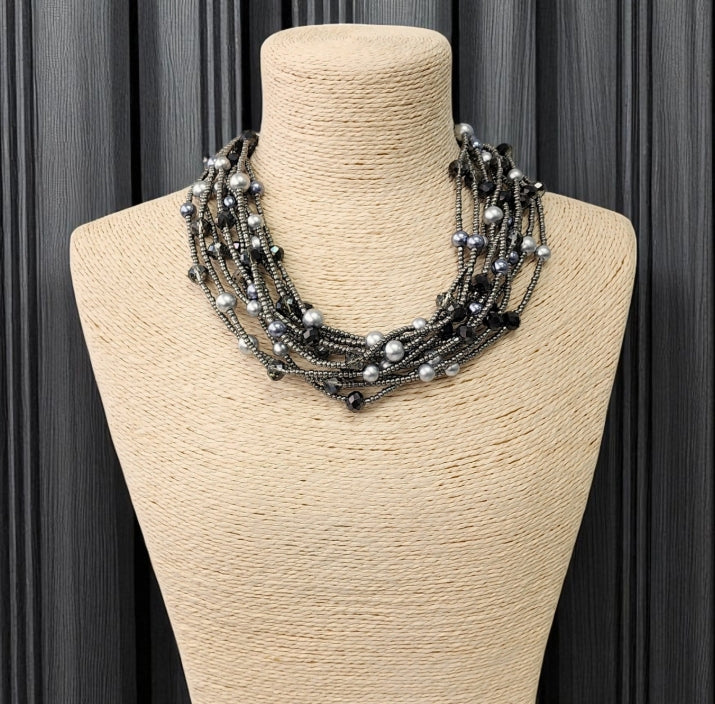 Chunky Multi Strand Beaded Pearl Collar | Statement Necklace