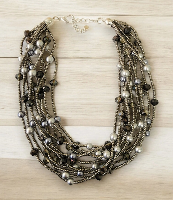 Chunky Multi Strand Beaded Pearl Collar | Statement Necklace