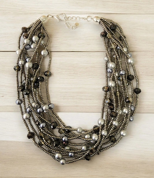 Chunky Multi Strand Beaded Pearl Collar | Statement Necklace