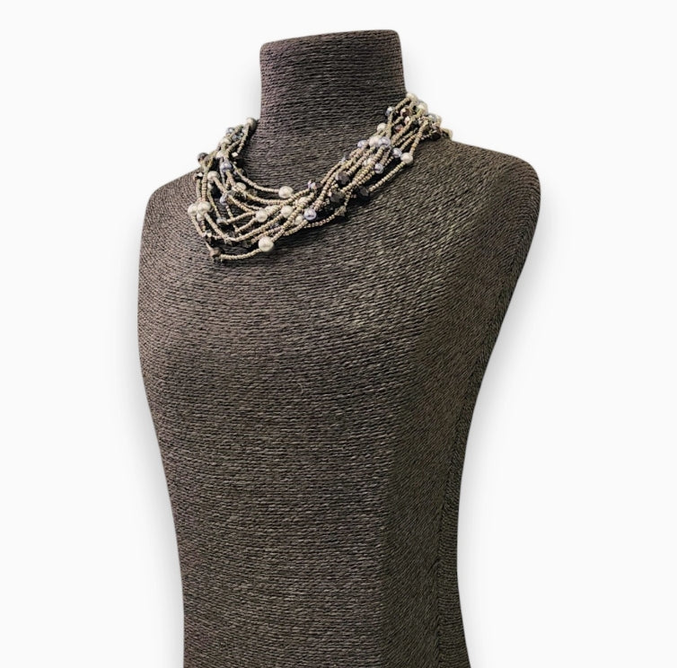 Chunky Multi Strand Beaded Pearl Collar | Statement Necklace