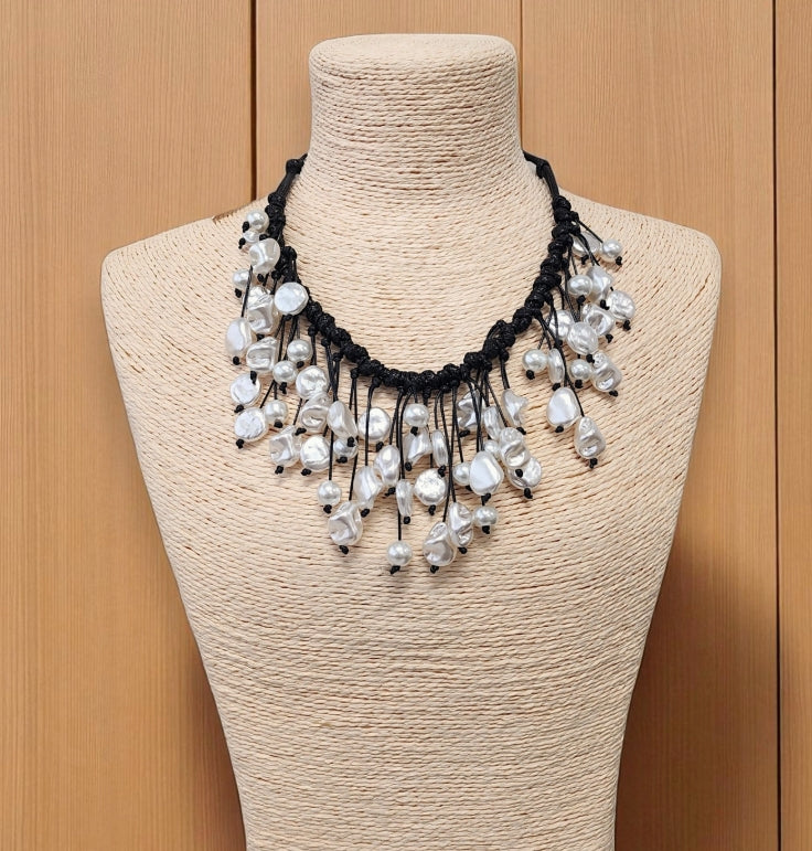 Modern Pearl Bib Necklace | Leather Cord | Coastal Fall Boho