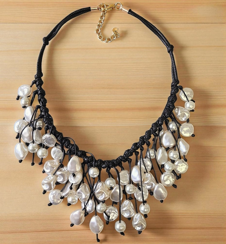 Modern Pearl Bib Necklace | Leather Cord | Coastal Fall Boho