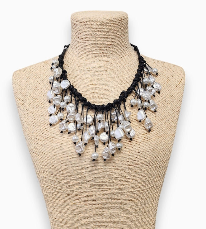 Modern Pearl Bib Necklace | Leather Cord | Coastal Fall Boho