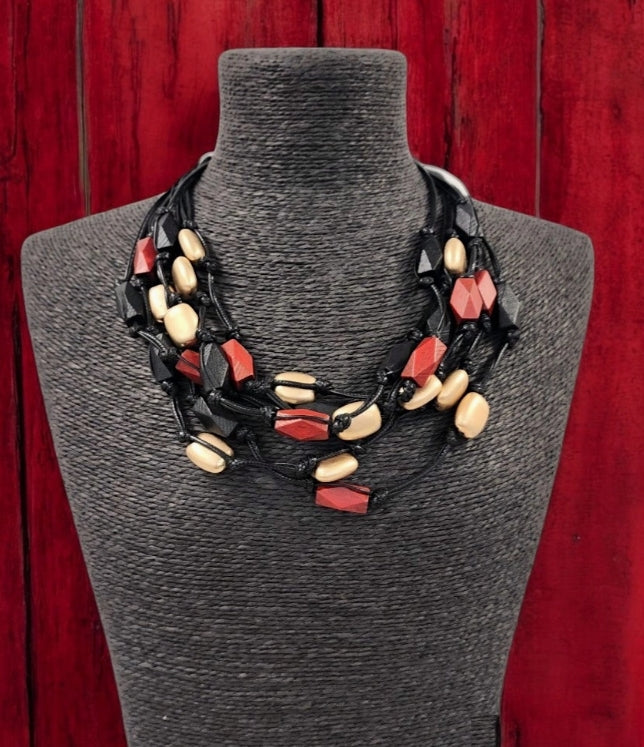 Short Layered Bead Necklace | Black Leather | Boho | Wood