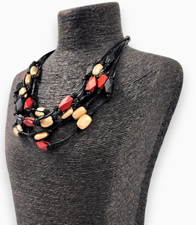 Short Layered Bead Necklace | Black Leather | Boho | Wood