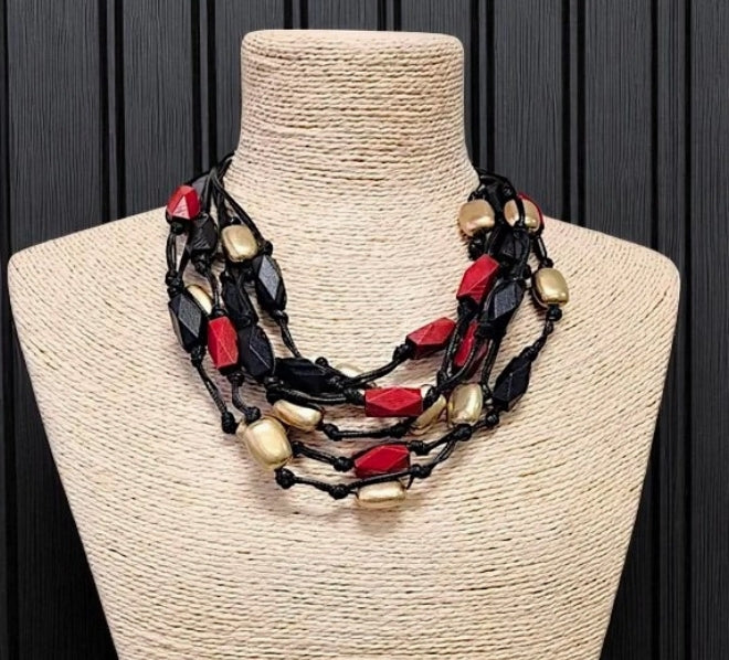 Short Layered Bead Necklace | Black Leather | Boho | Wood