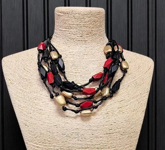 Short Layered Bead Necklace | Black Leather | Boho | Wood