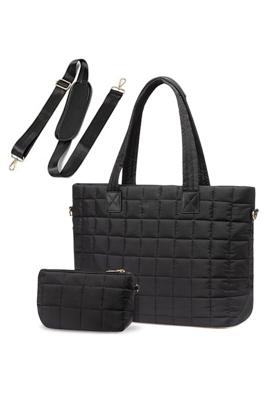 Black Quilted Patchwork Large Tote Bag and Clutch 2pcs Set