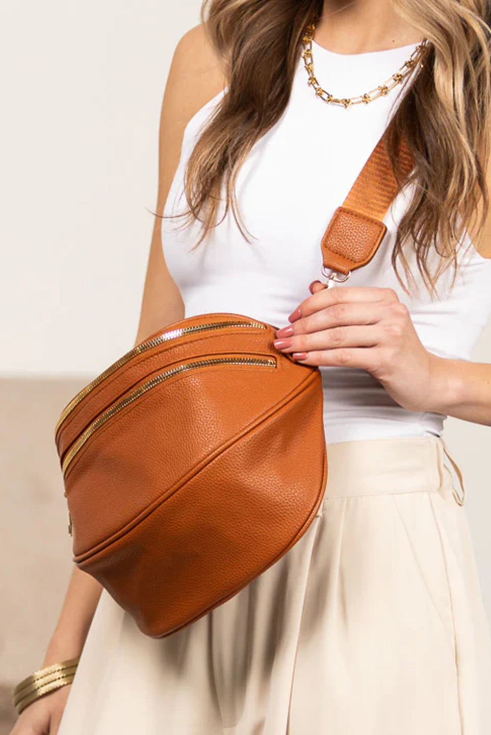 White PU Leather Double Zipper Crossbody Bag