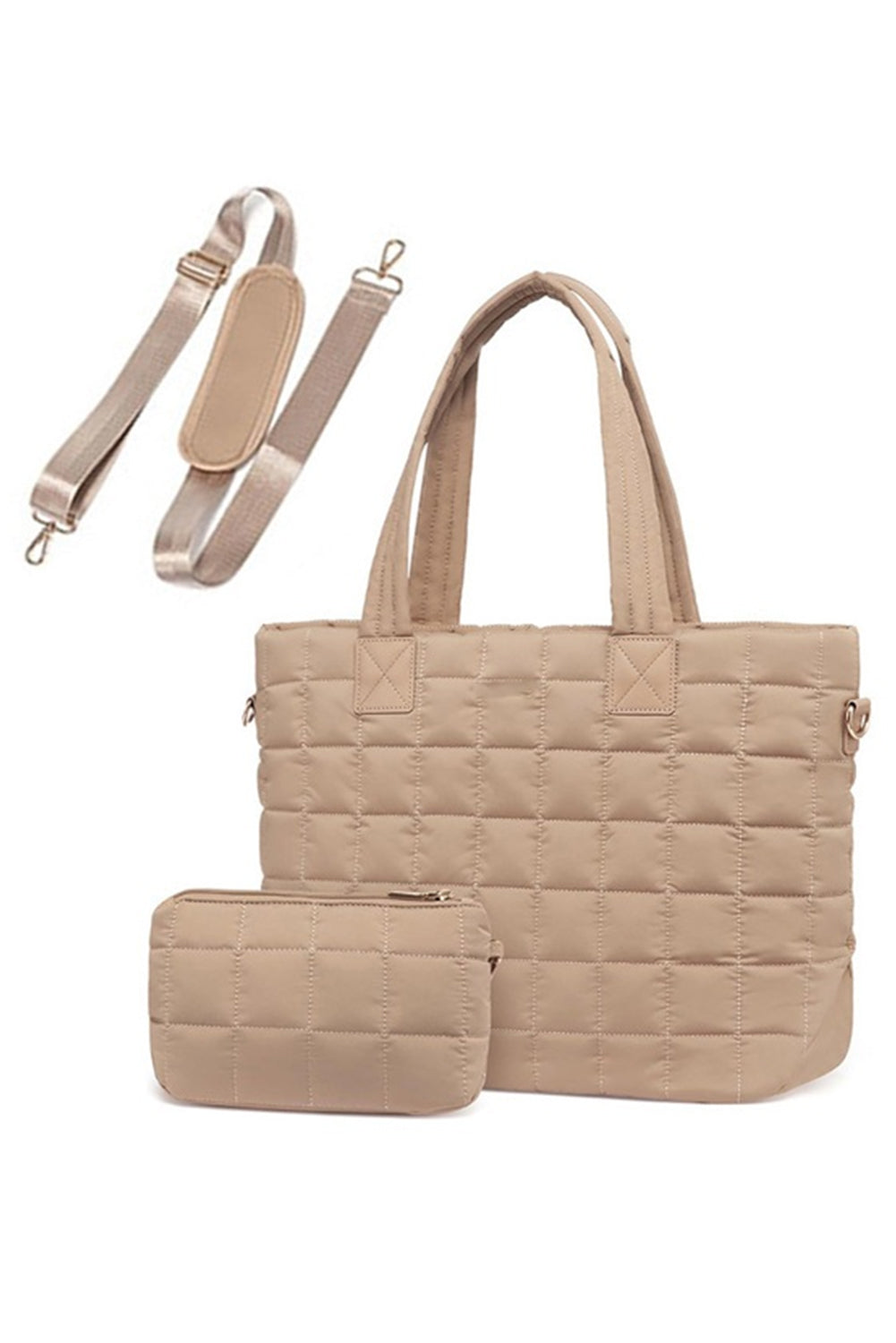 Camel Quilted Patchwork Large Tote Bag and Clutch 2pcs Set